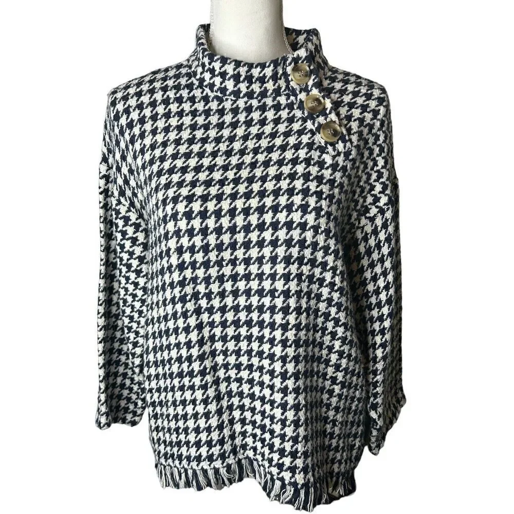 ZARA Blue & White Houndstooth High Neck Sweater Top Sz XS